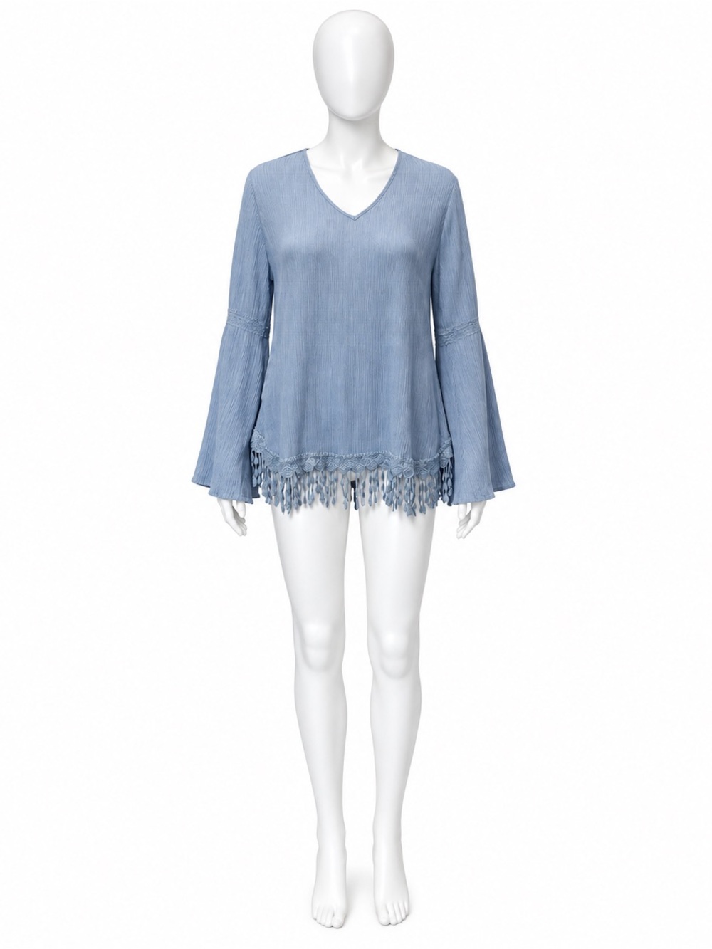 Blu Pepper Light Blue V-Neck Fringe-Hem Bell Sleeve Top